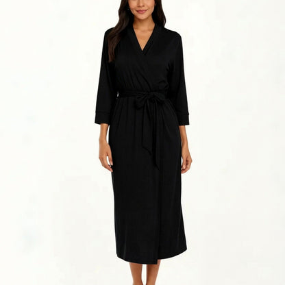 Long Lightweight Robe with Shawl Collar Tie Waist Belt Front Pockets Soft Knit Robe