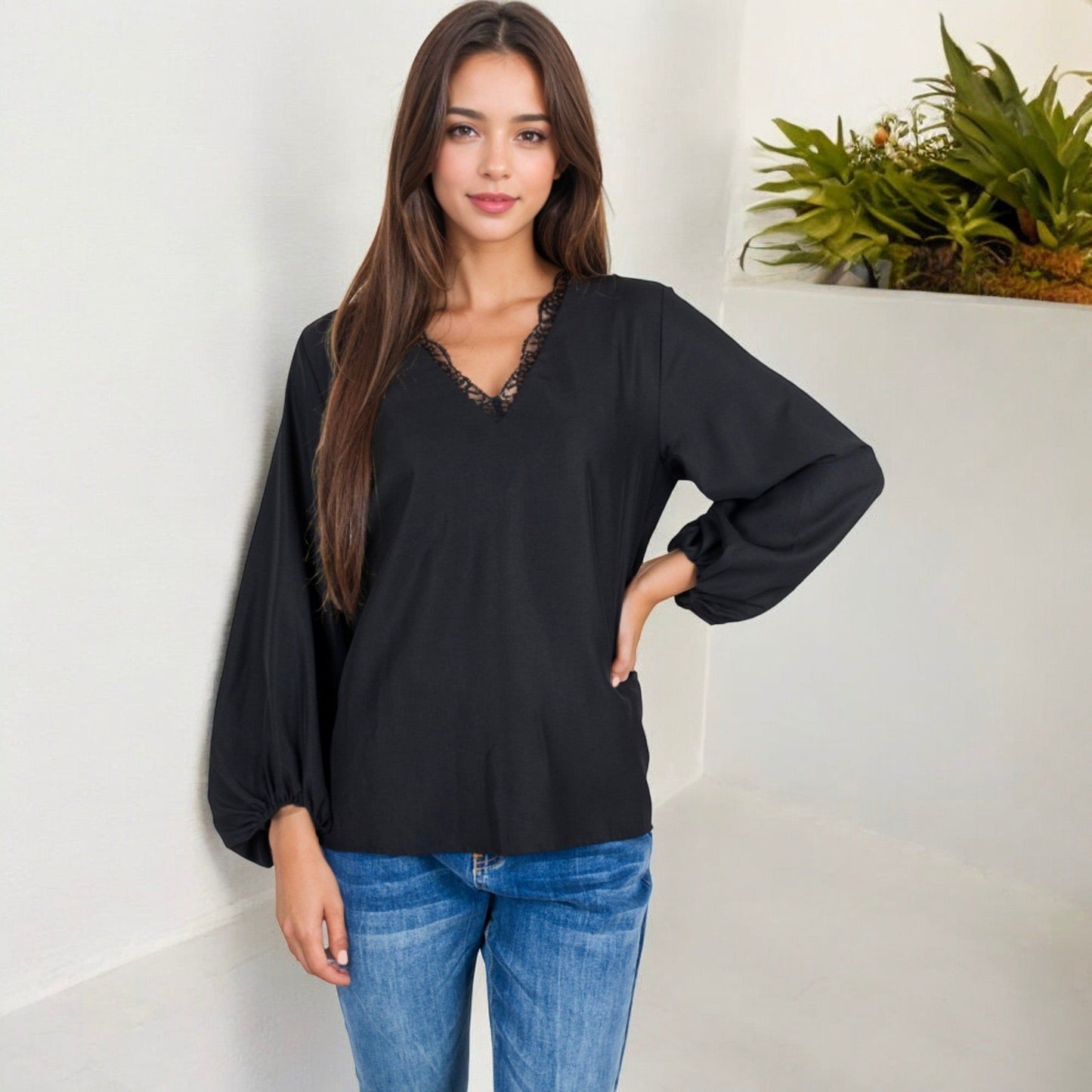 V-Neck Blouse with Lace Trim and Balloon Sleeves