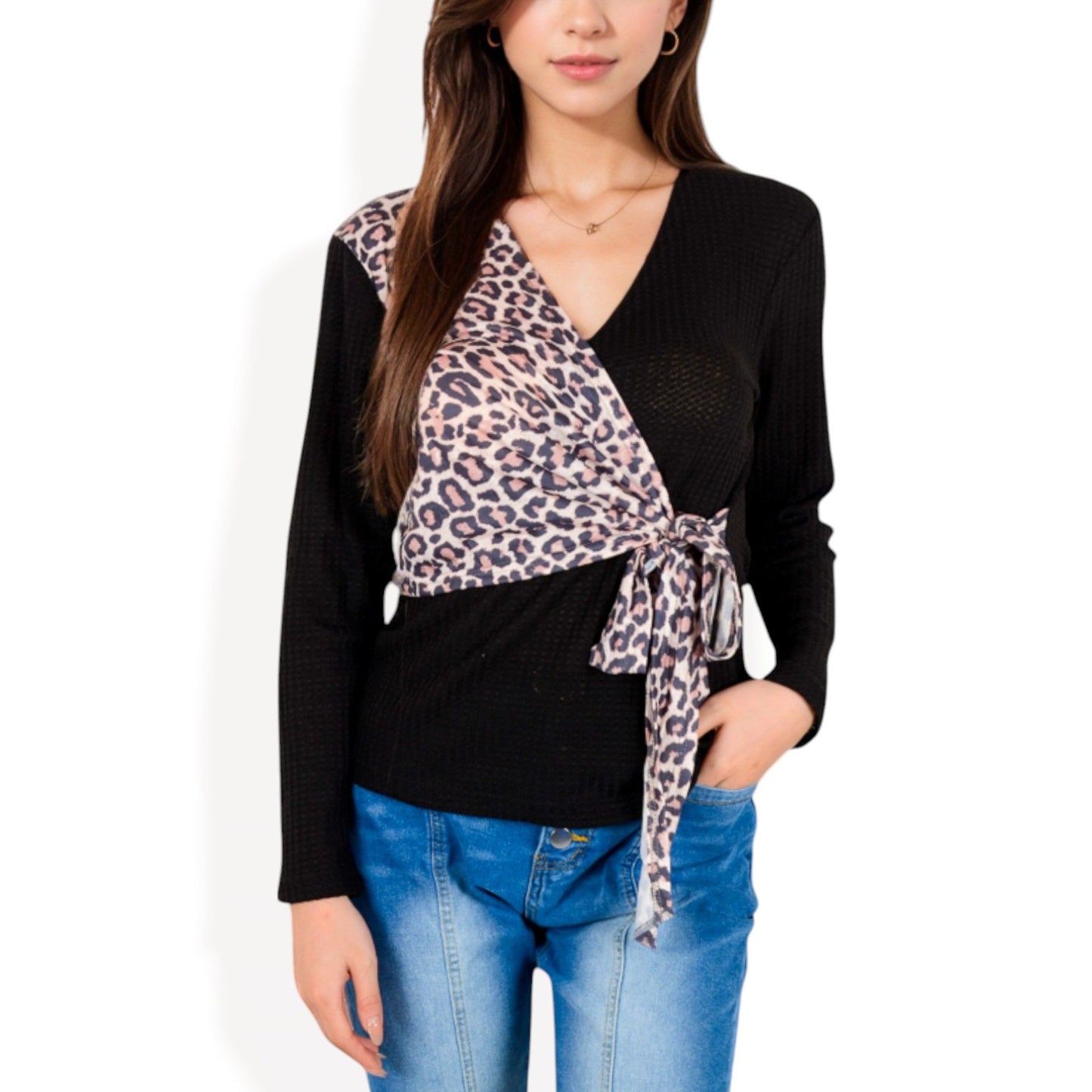 Knit Top with Leopard Print Wrap and Tie Detail