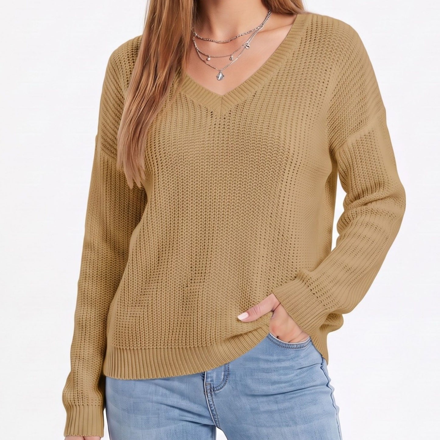 V Neck Textured Knit Pullover Sweater with Long Sleeves
