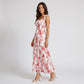 Floral Print Tie Shoulder Smocked Bodice Tiered Maxi Dress with Square Neckline and Flowy A Line Silhouette