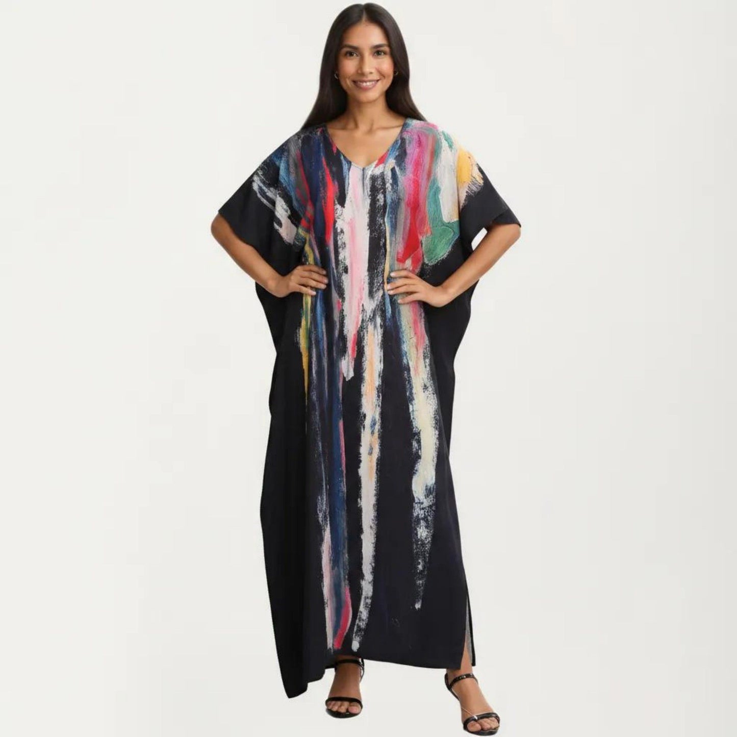 Abstract Print Maxi Caftan Dress with V-Neckline Short Sleeves and Relaxed Draped Silhouette