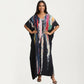 Abstract Print Maxi Caftan Dress with V-Neckline Short Sleeves and Relaxed Draped Silhouette