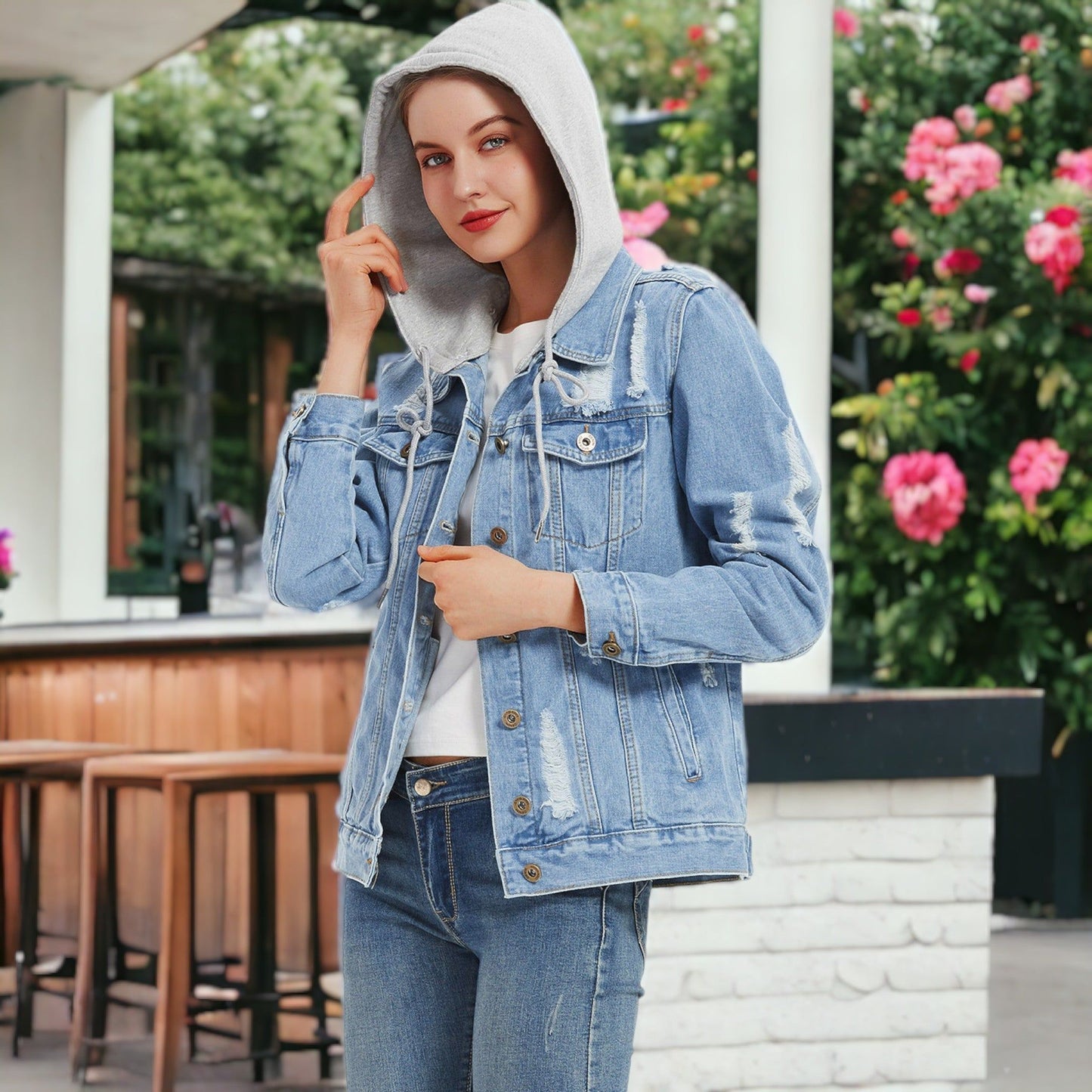 Detachable Hoodie Denim Distressed Jean Jacket