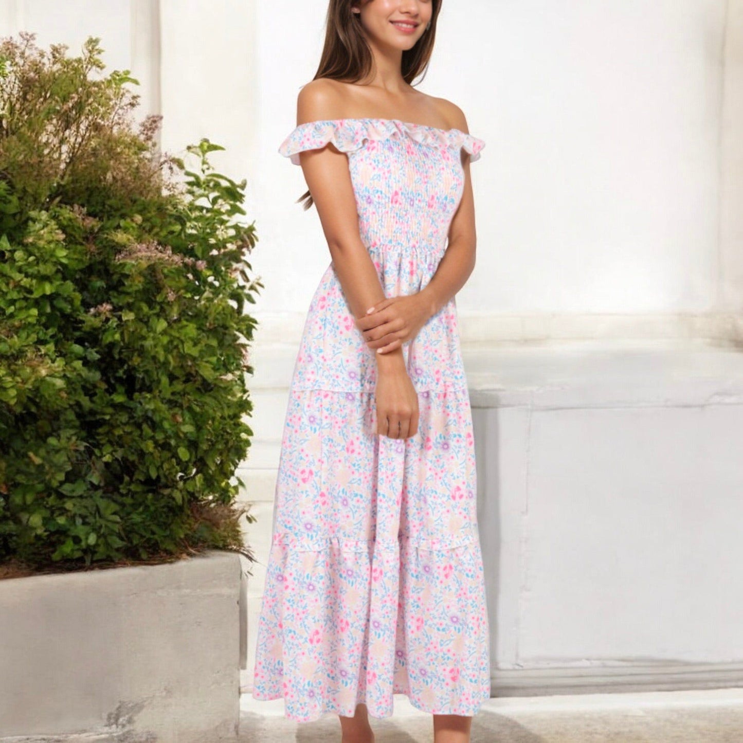 Smocked Chest Floral Print Maxi Dress with Ruffle Hem