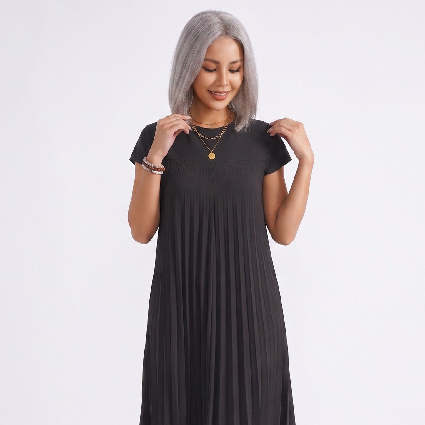 Crew Neck Short Sleeve Accordion Pleated Midi Dress
