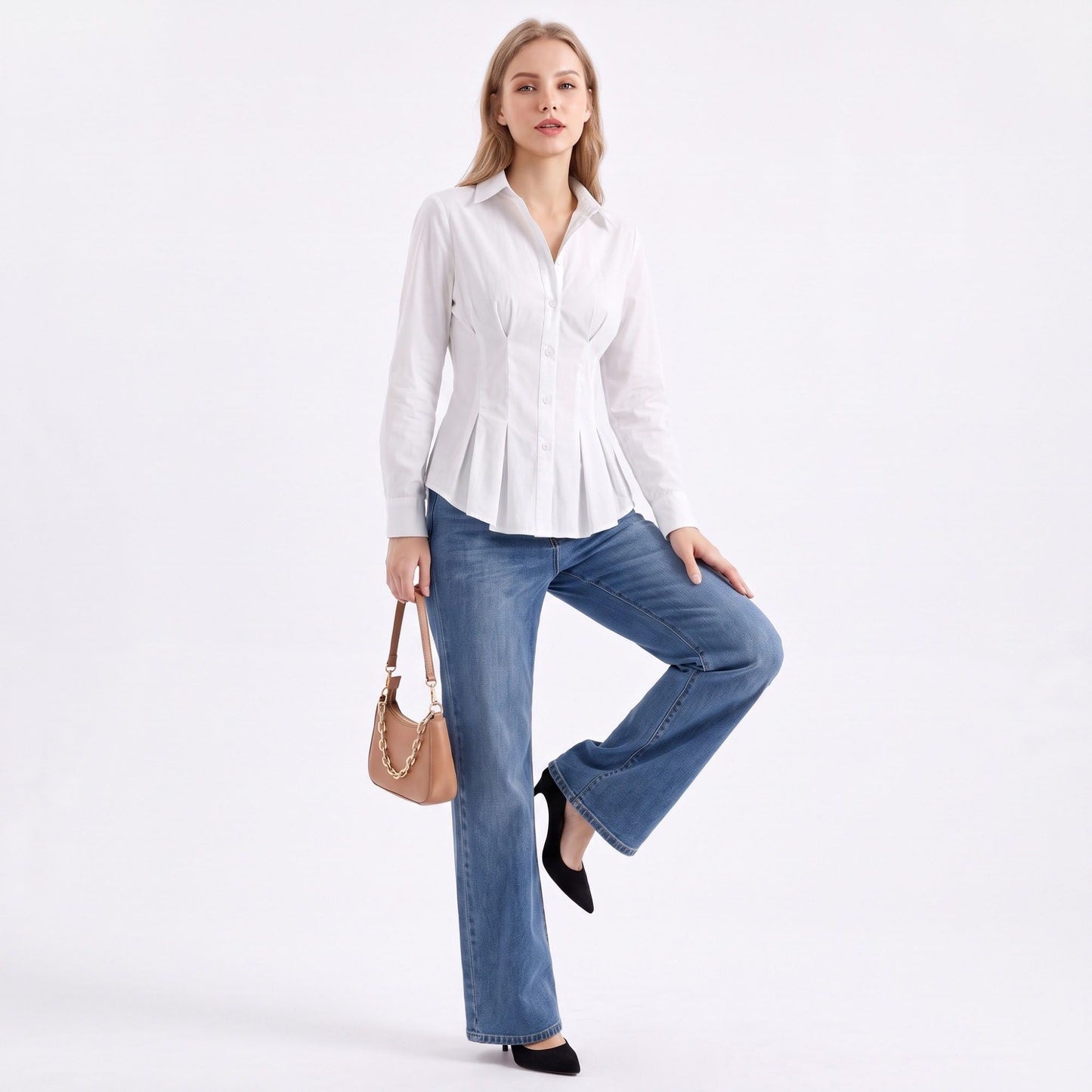 Long Sleeve Button Down Peplum Shirt with Collared Neckline