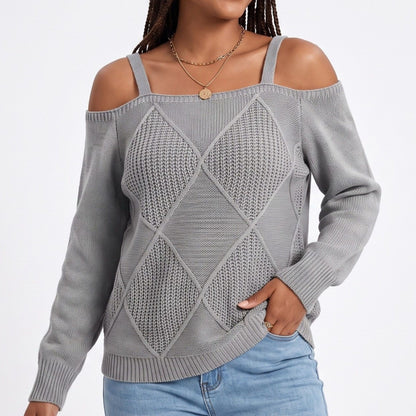 Cold Shoulder Strap Argyle Textured Long Sleeve Knit Sweater