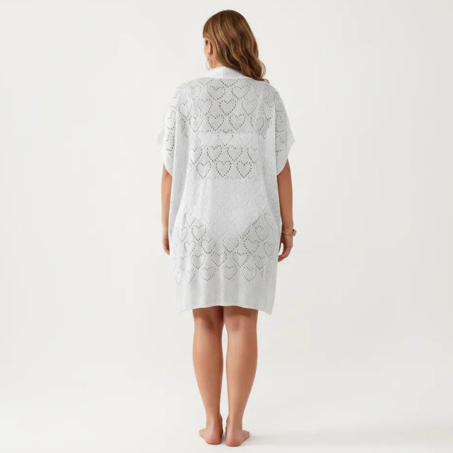 Open Front Knit Cardigan with Heart Pointelle Pattern Short Sleeves Relaxed Mid Length Fit