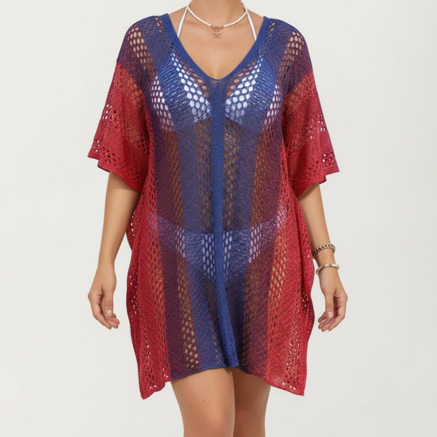 Ombre Crochet Swim Cover Up Dress with Open Knit Mesh Design V Neck Short Sleeves Relaxed Fit