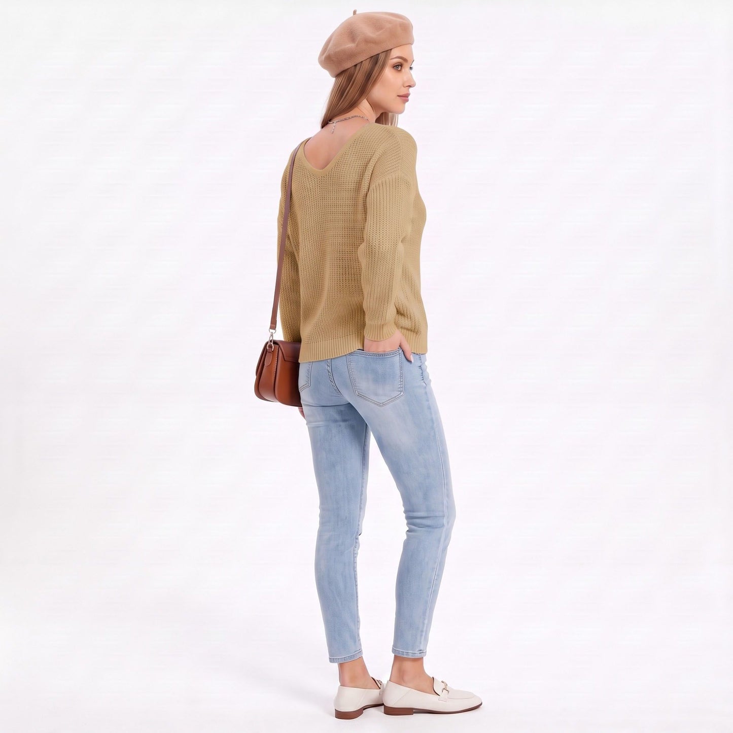 V Neck Textured Knit Pullover Sweater with Long Sleeves