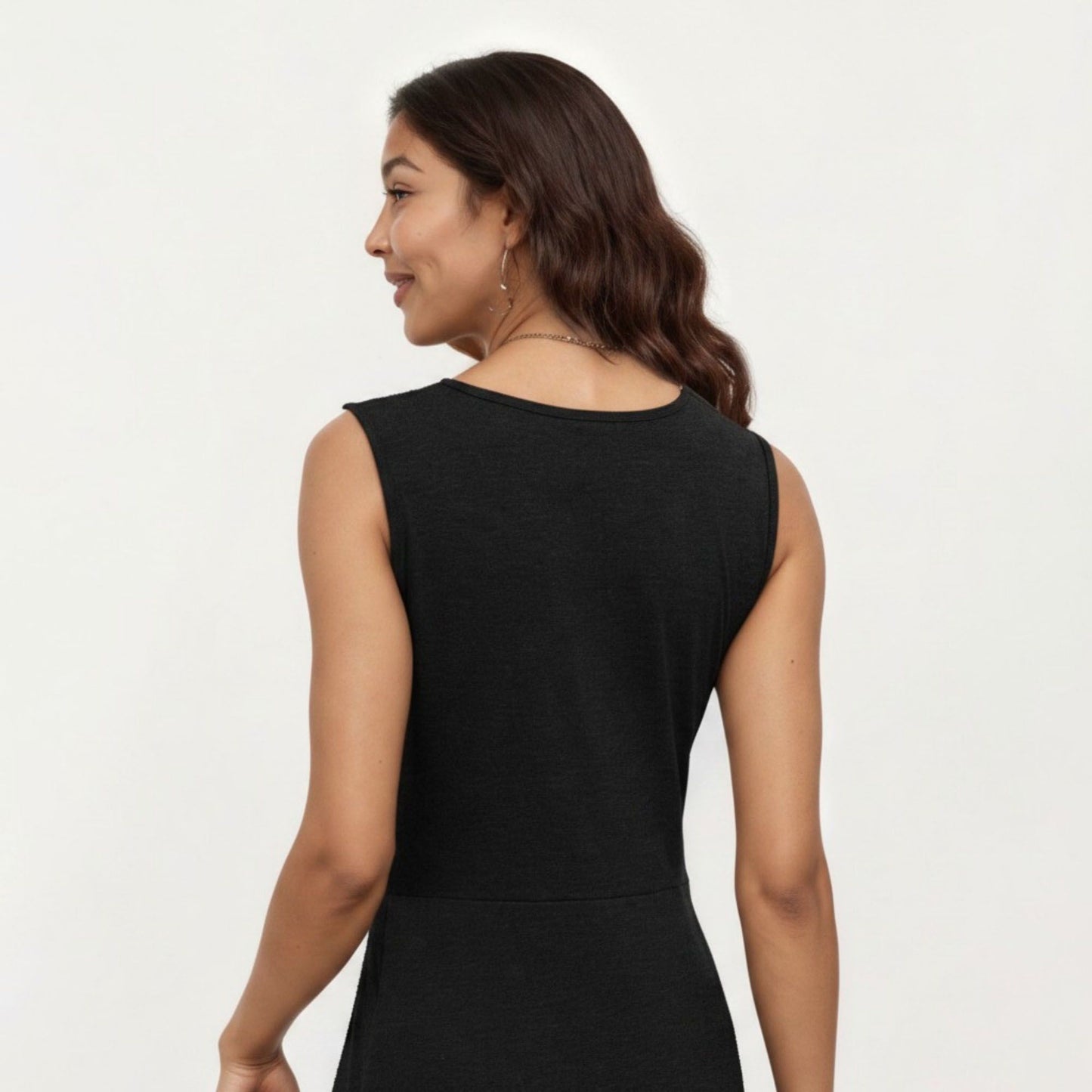 Sleeveless V Neck Midi Dress with Front Twist Detail and Flowy A Line Silhouette
