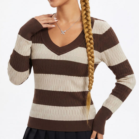 V Neck Striped Cable Knit Long Sleeve Sweater