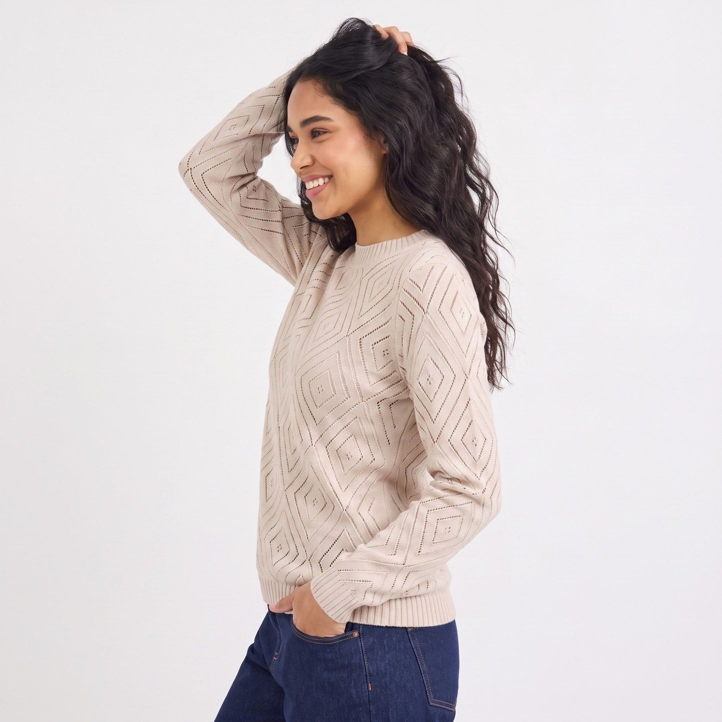 Diamond Pointelle Knit Long Sleeve Sweater
