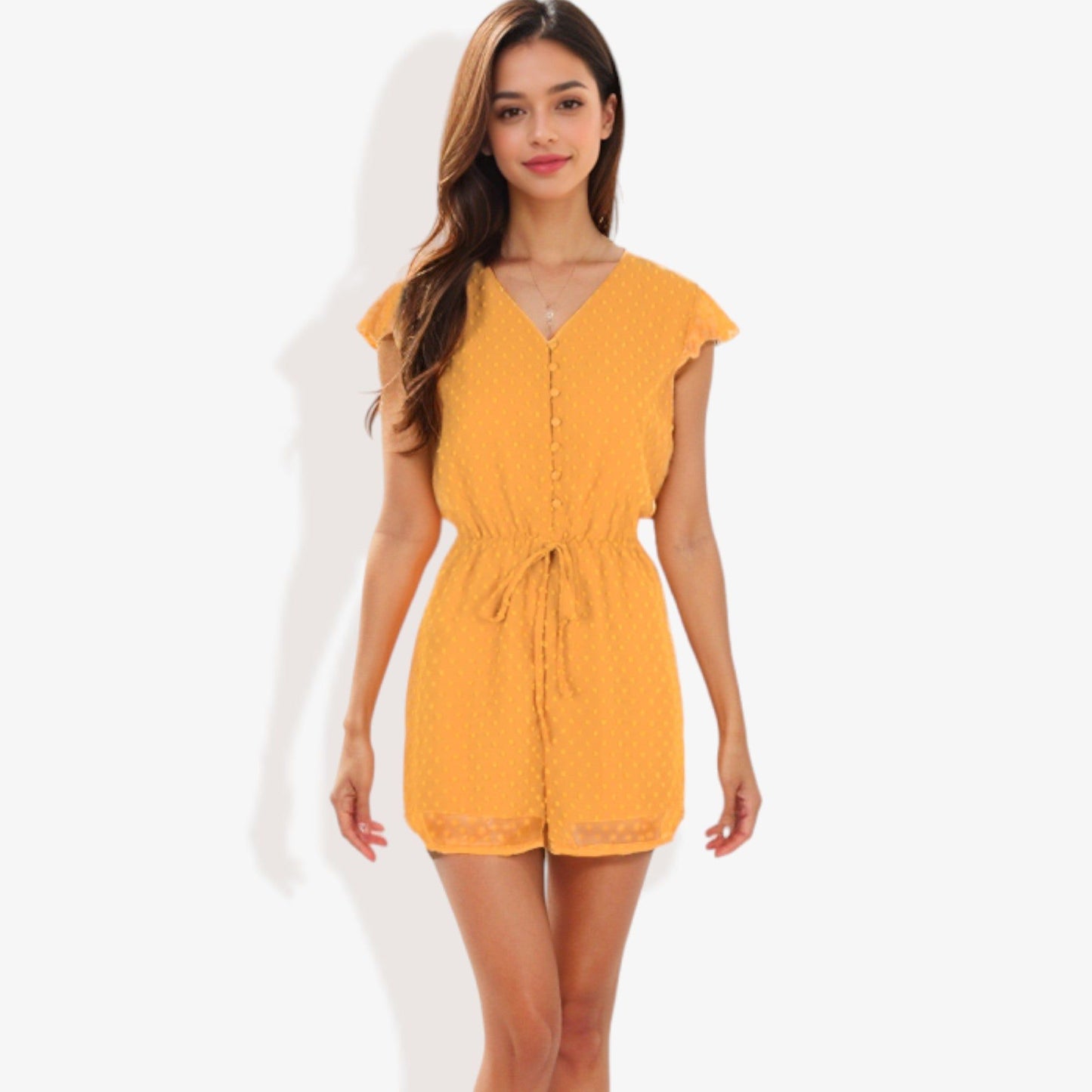 Clip Chiffon Romper with Button Down and Flutter Sleeves