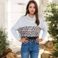 Long Sleeve Leopard Print Color Block Cowl Neck Top