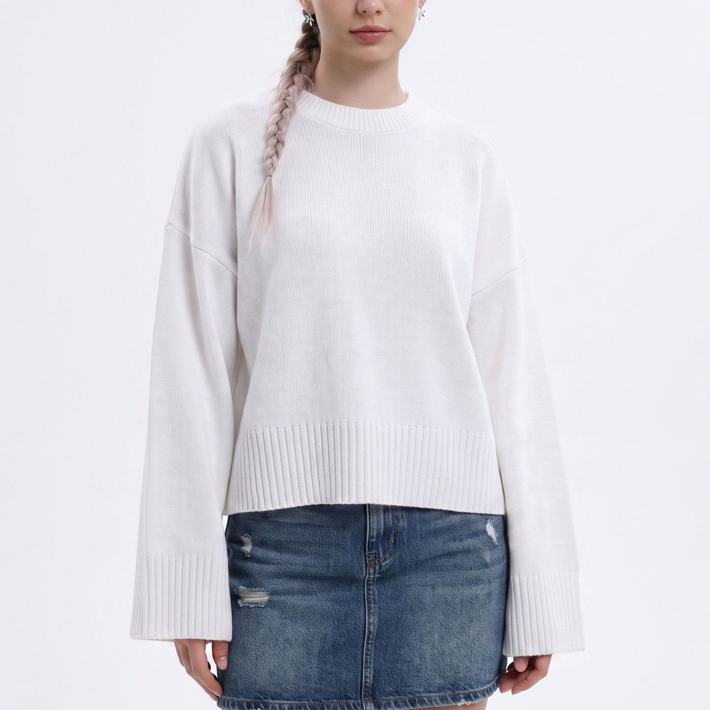 Oversized Crewneck Knit Sweater with Flared Sleeves