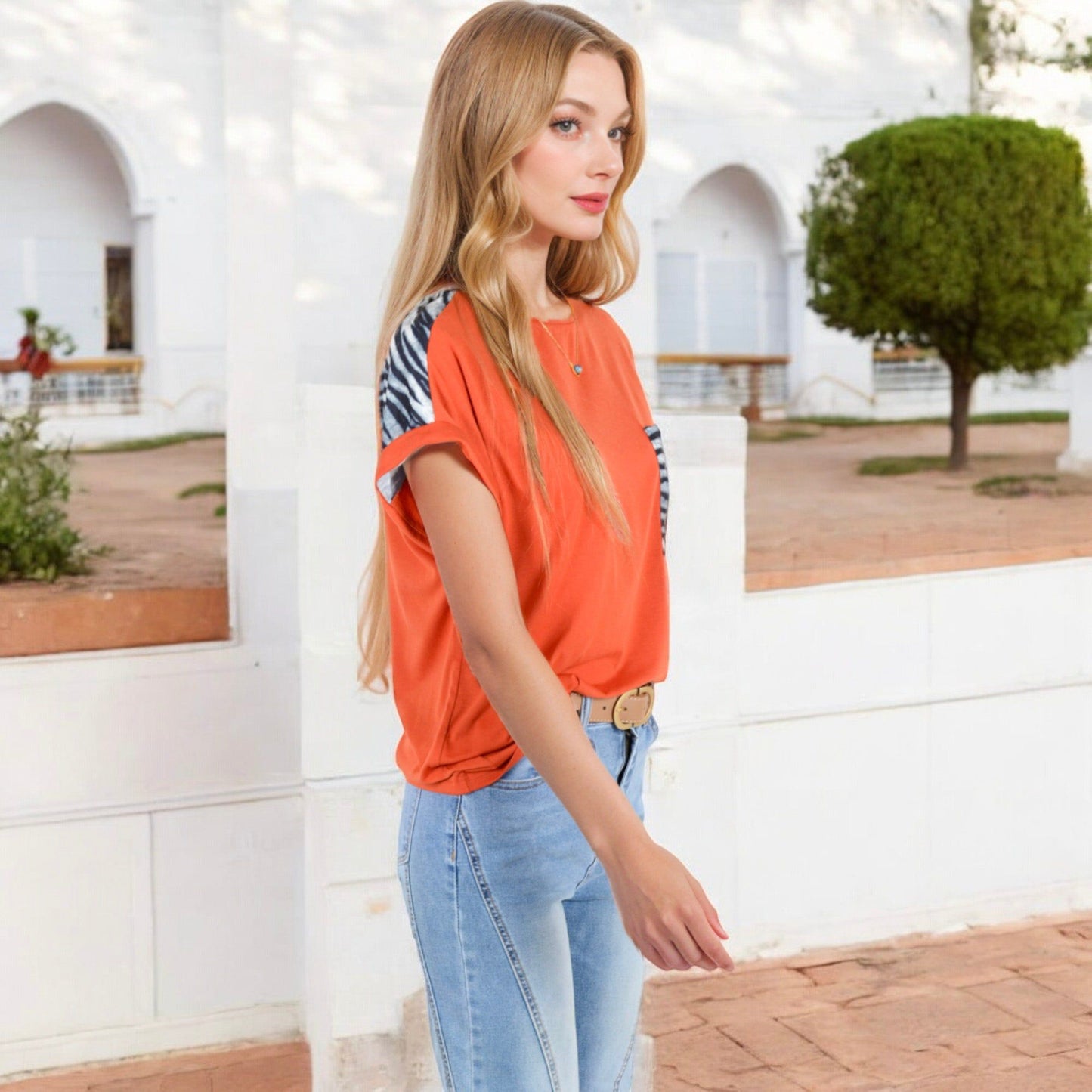 Short Sleeve Zebra Print Top with Rolled Cuffs