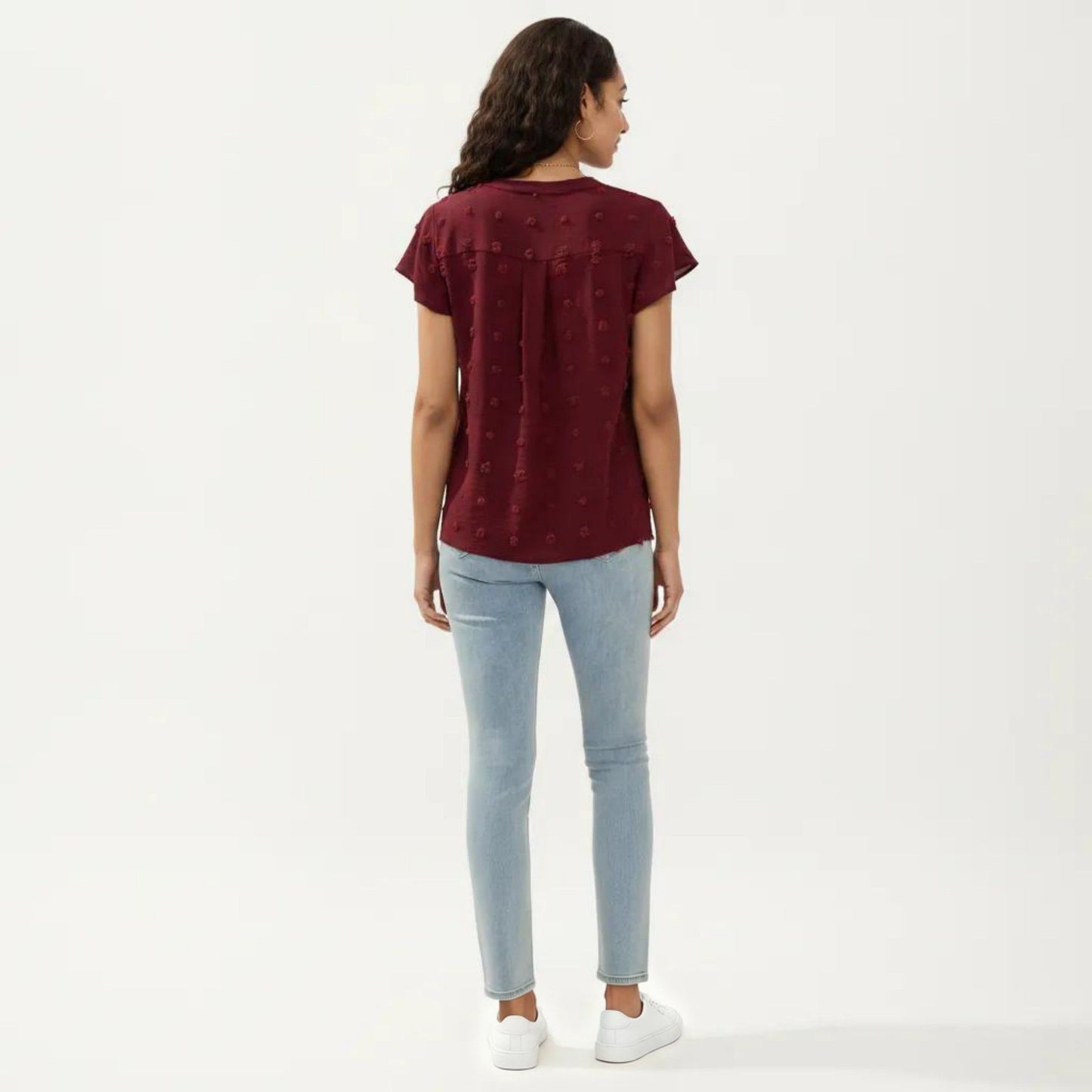 Short Sleeve Swiss Dot Top with Split Neckline and Soft Textured Fabric