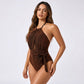 Metallic Halter One Piece Swimsuit with Front Cutout and Waist Tie