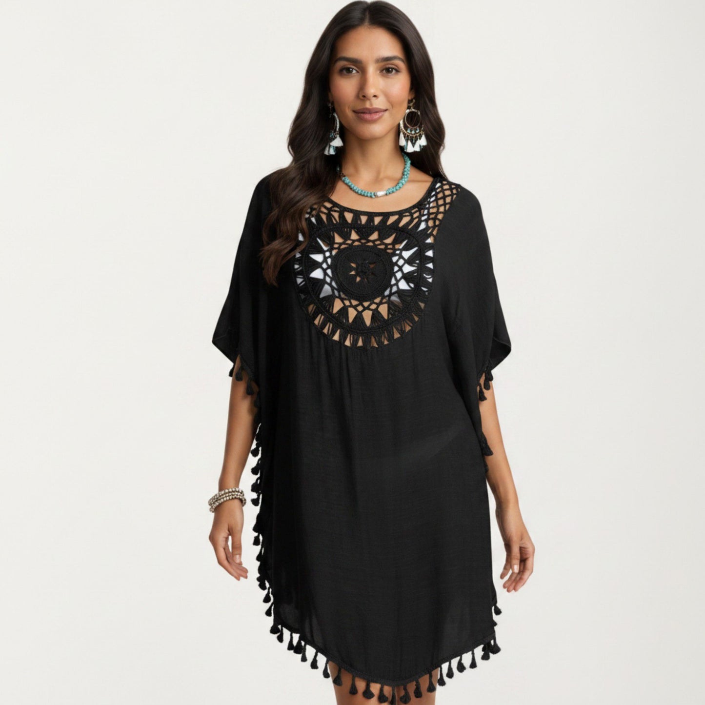 Crochet Medallion Swim Cover Up Dress with Tassel Trim and Relaxed Boho Silhouette