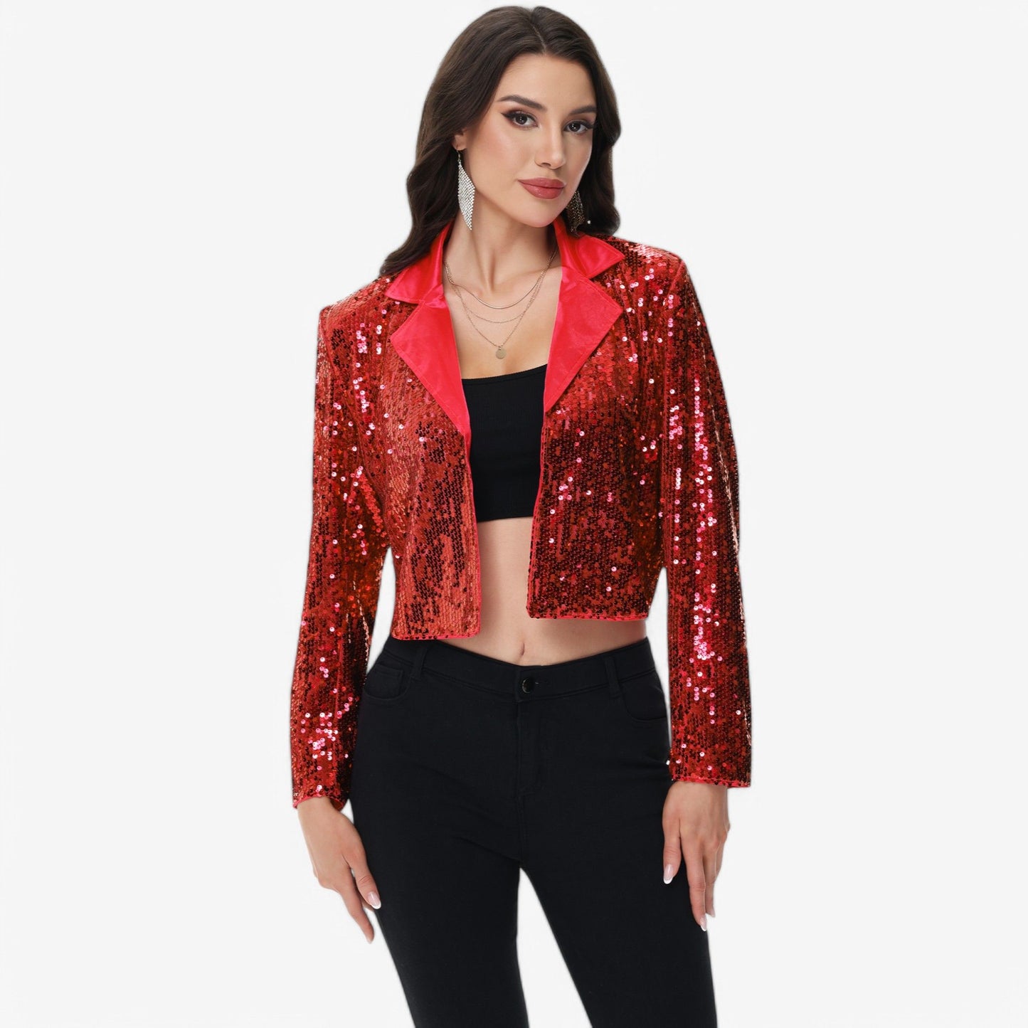 Sequin Cropped Blazer Long Sleeve Sparkly Open Front Jacket