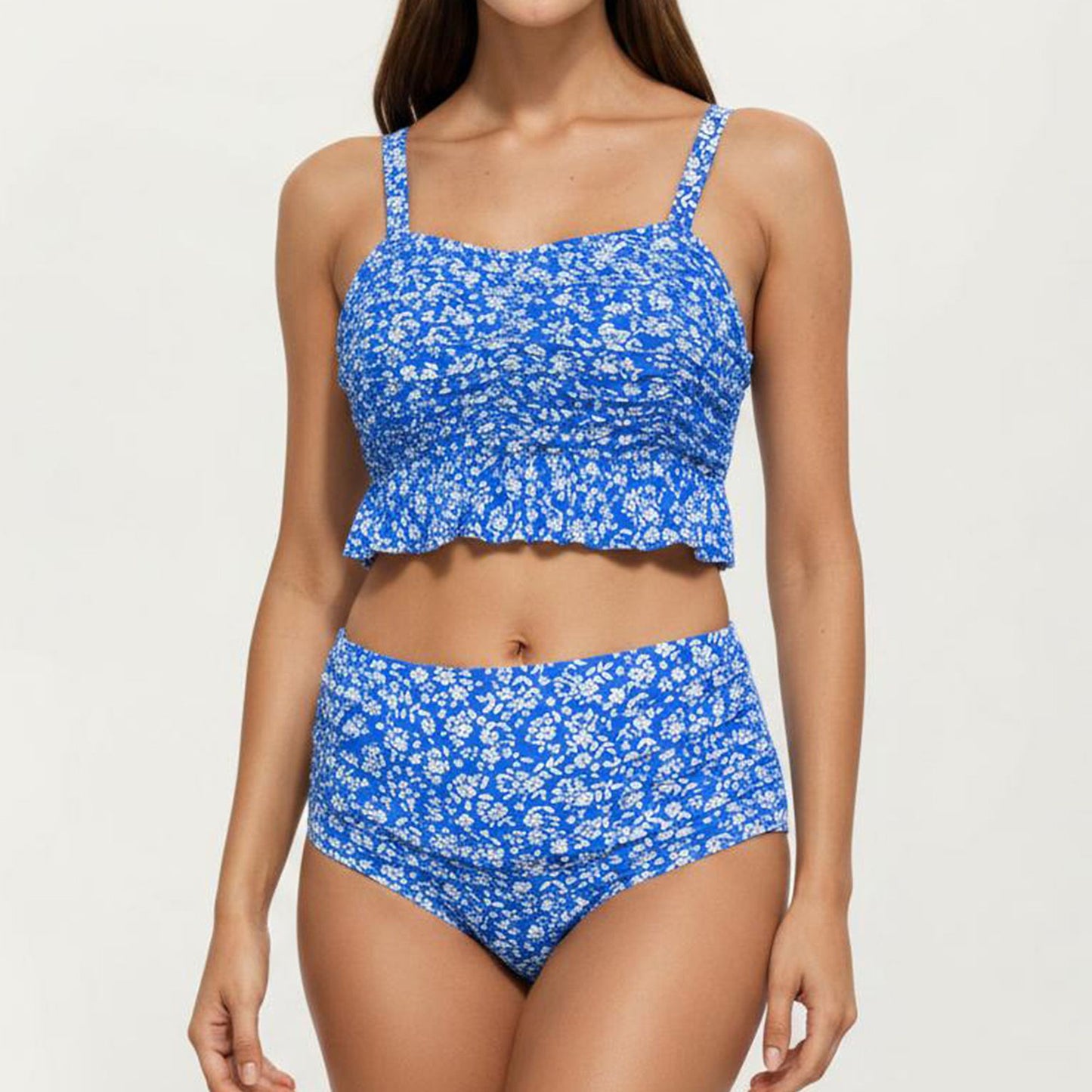 Floral Print Ruffled Maternity Bikini Set with High-Waisted Bottoms