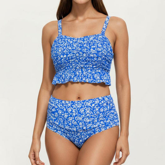 Floral Print Ruffled Maternity Bikini Set with High-Waisted Bottoms