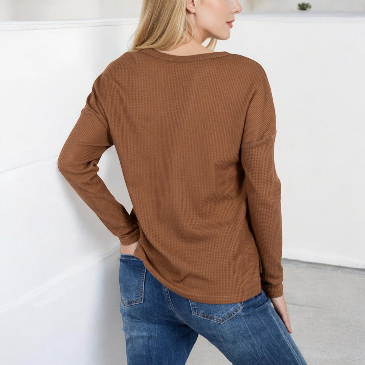 Long Sleeve Waffle Knit Top Notched Neckline Chest Pocket