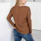 Long Sleeve Waffle Knit Top Notched Neckline Chest Pocket