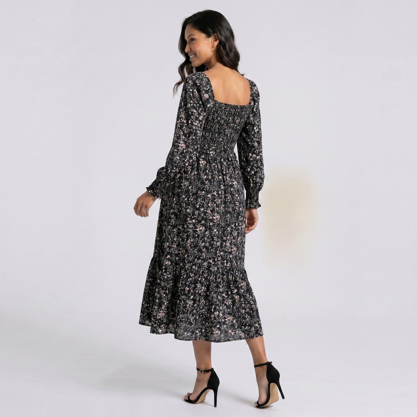 Maternity Floral Square Neck Midi Dress with Long Sleeves and Smocked Bodice