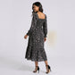 Maternity Floral Square Neck Midi Dress with Long Sleeves and Smocked Bodice