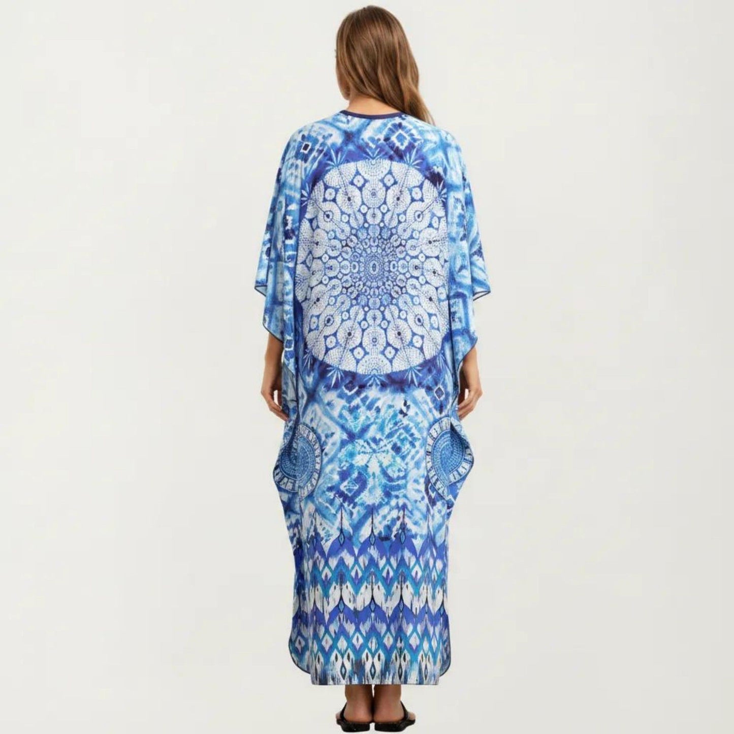 Tie Dye Medallion Kaftan Maxi Dress with V-Neckline and Relaxed Flowy Silhouette