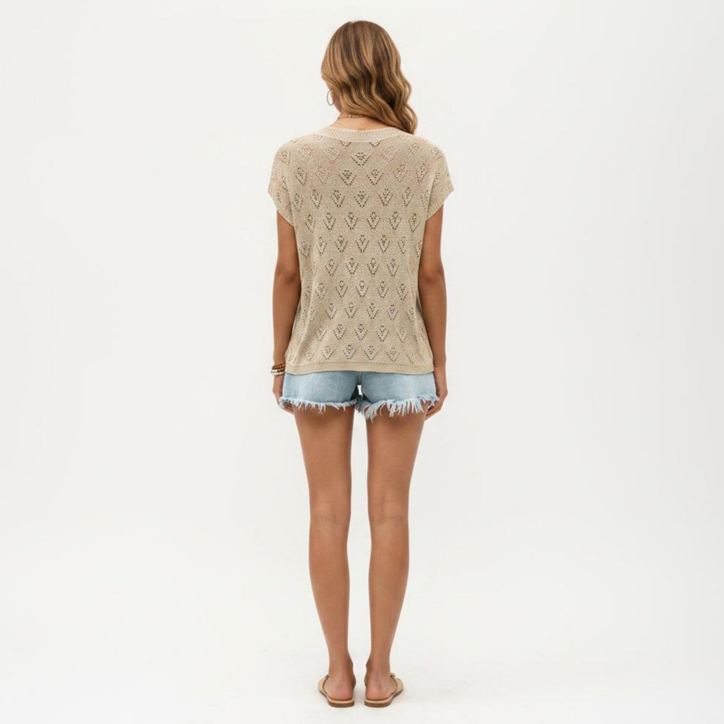 Short Sleeve Knit Top with Floral Eyelet Pattern and Ribbed Crew Neck