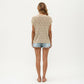Short Sleeve Knit Top with Floral Eyelet Pattern and Ribbed Crew Neck