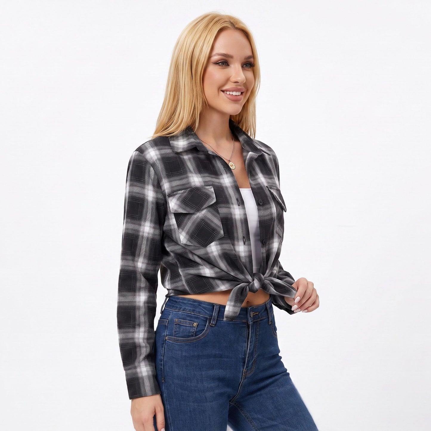 Plaid Button Front Long Sleeve Shirt with Flap Chest Pockets