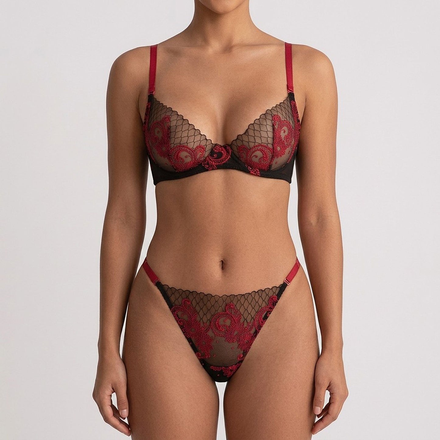 Floral Embroidered Mesh Underwire Bra and Panty Two Piece Lingerie Set