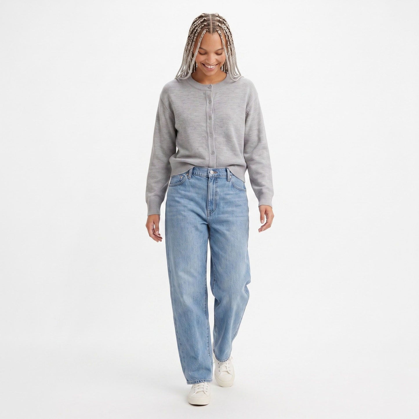 Crewneck Button-Front Knit Cardigan Sweater
