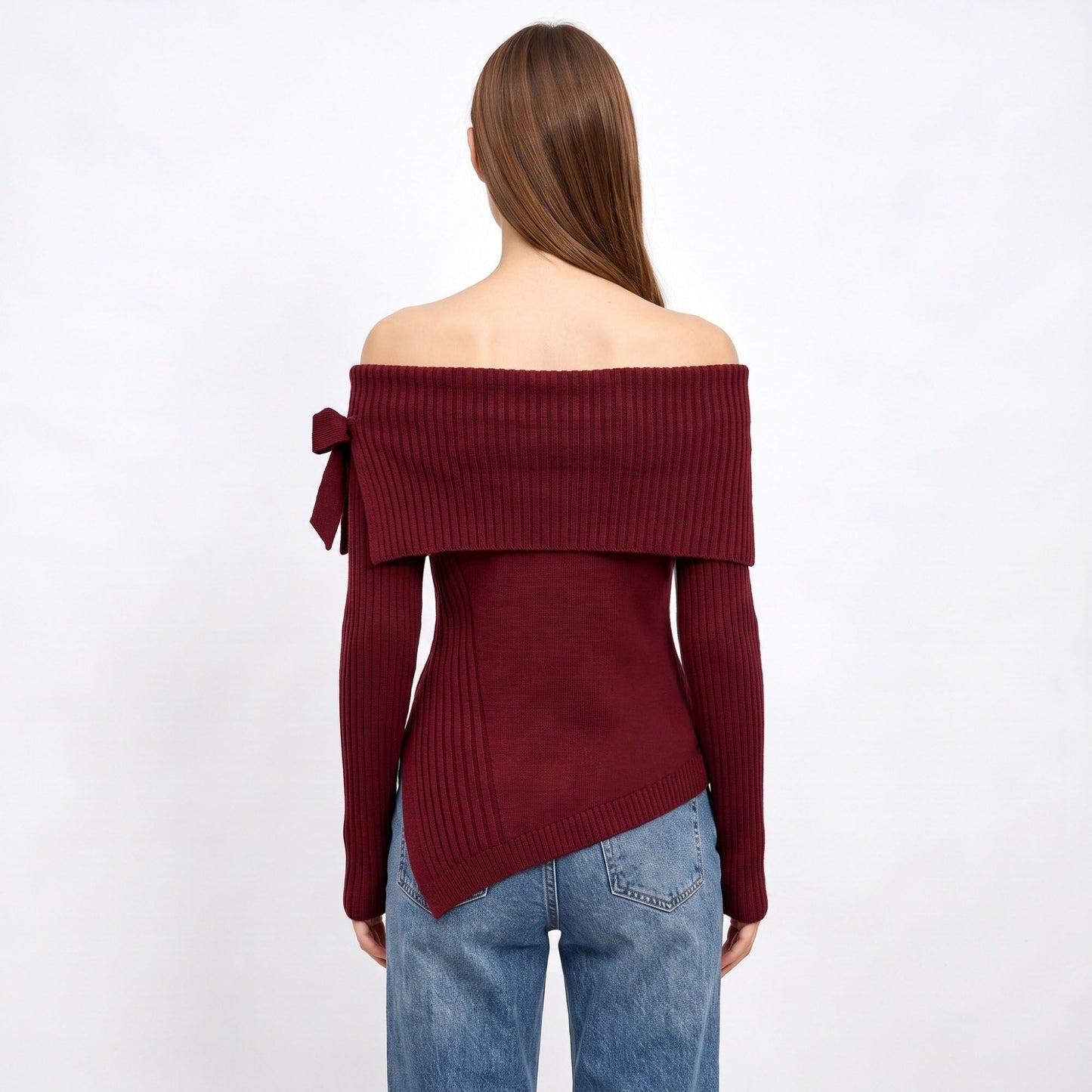 Off Shoulder Bow Asymmetrical Knit Sweater