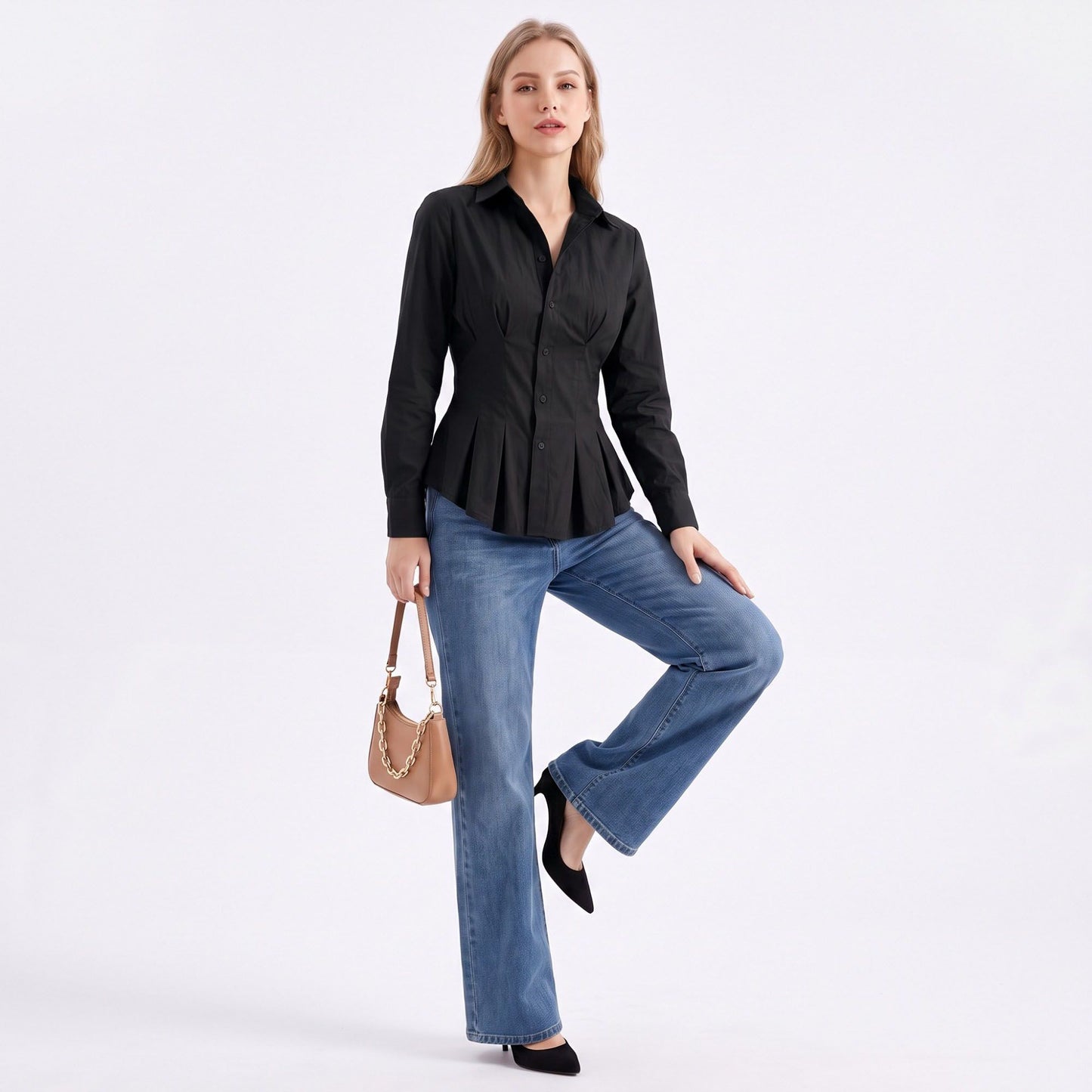 Long Sleeve Button Down Peplum Shirt with Collared Neckline