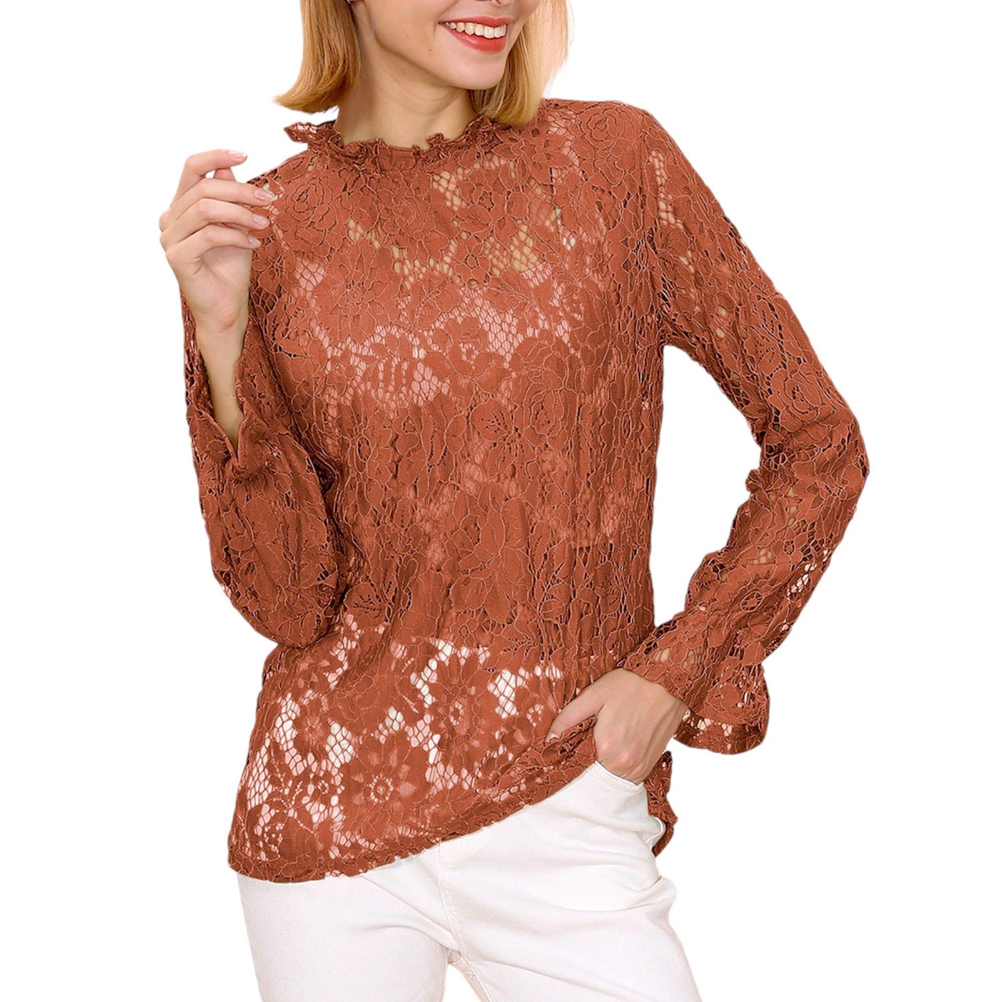 Layering Lace Puffed Sleeve Sheer Top