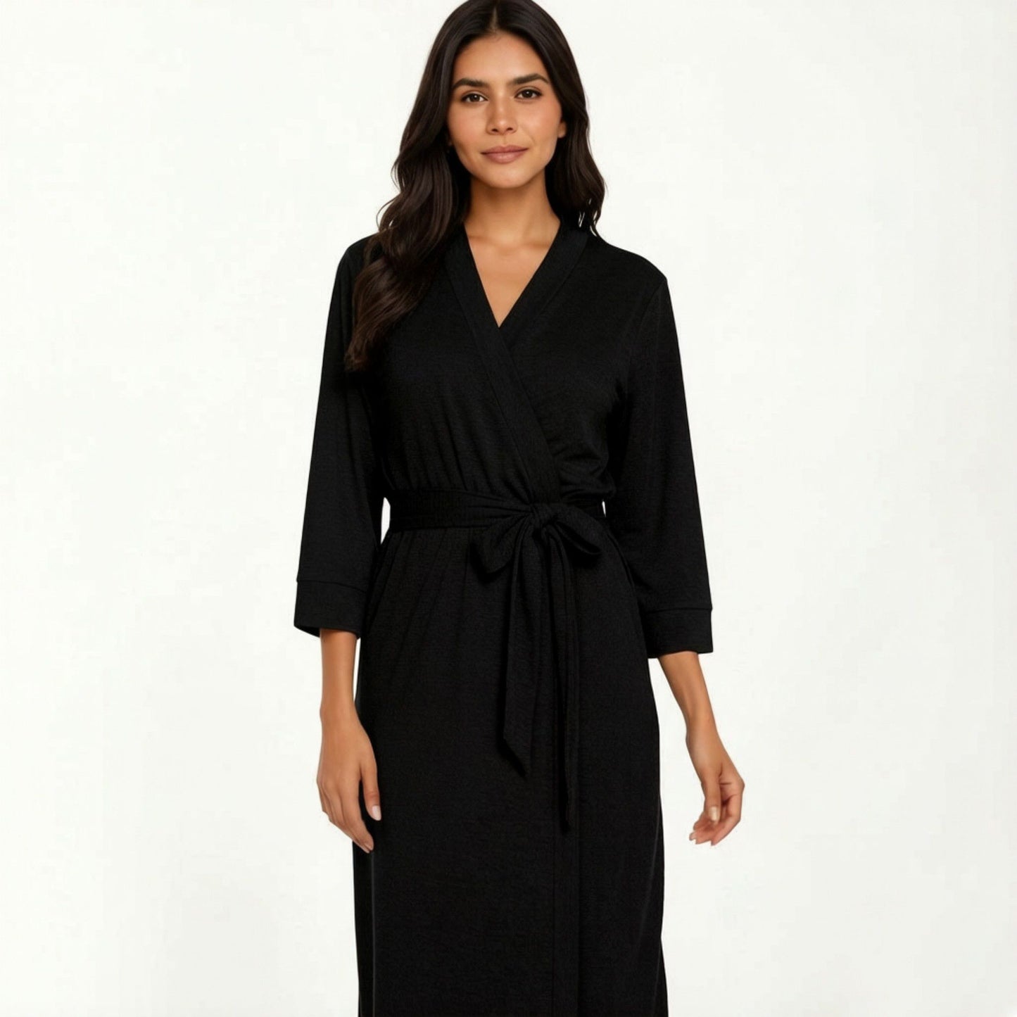 Long Lightweight Robe with Shawl Collar Tie Waist Belt Front Pockets Soft Knit Robe