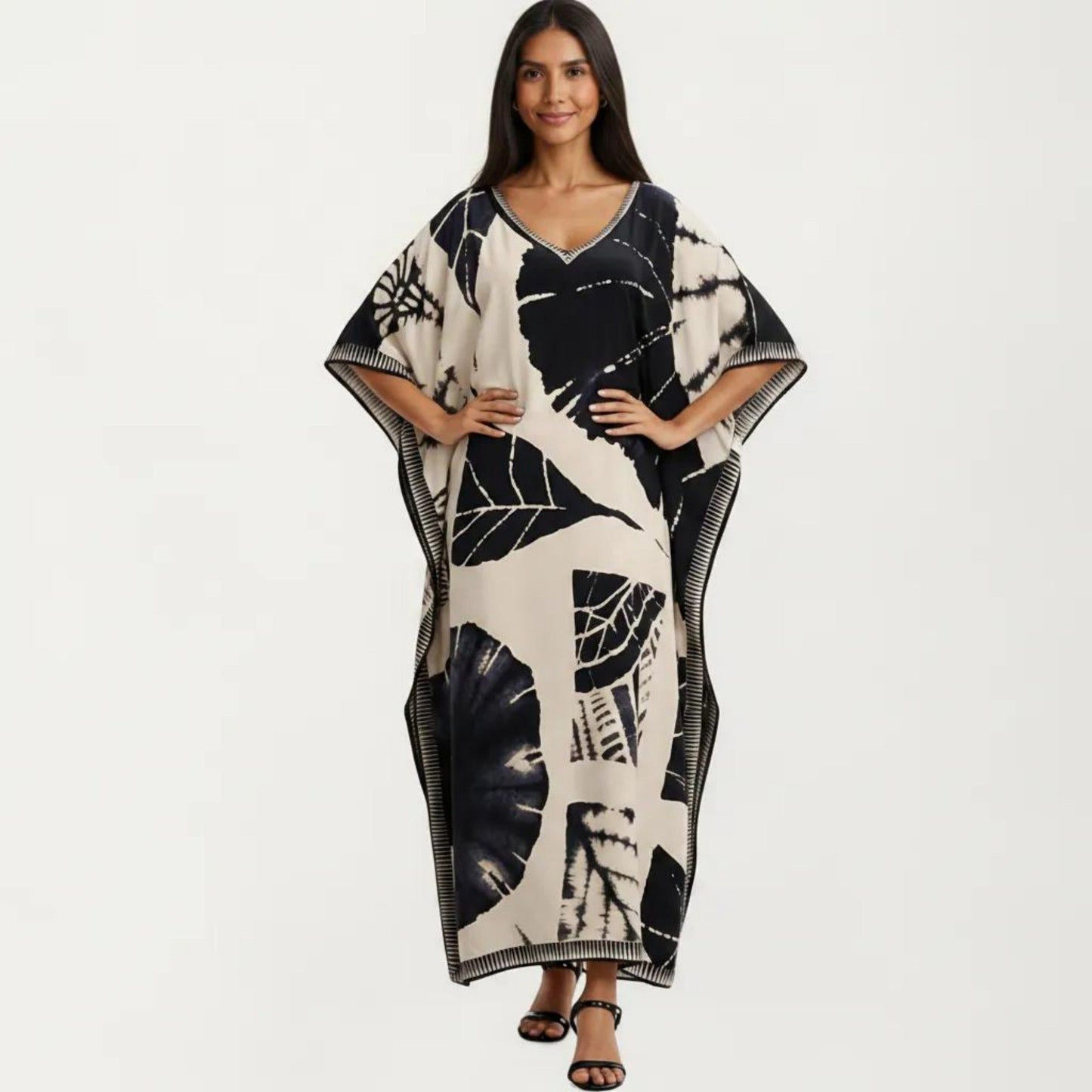 Abstract Print Maxi Caftan Dress with V-Neckline Short Sleeves and Relaxed Draped Silhouette