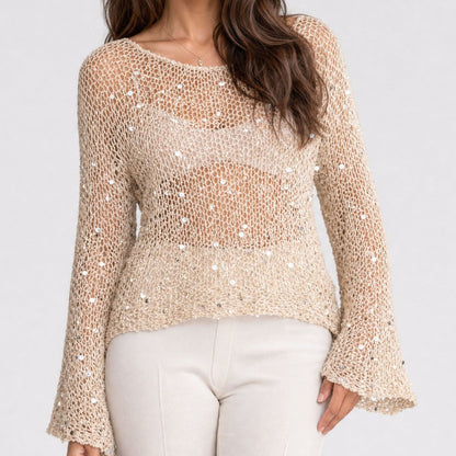 Sequin Open Knit Long Sleeve Sheer Pullover Top