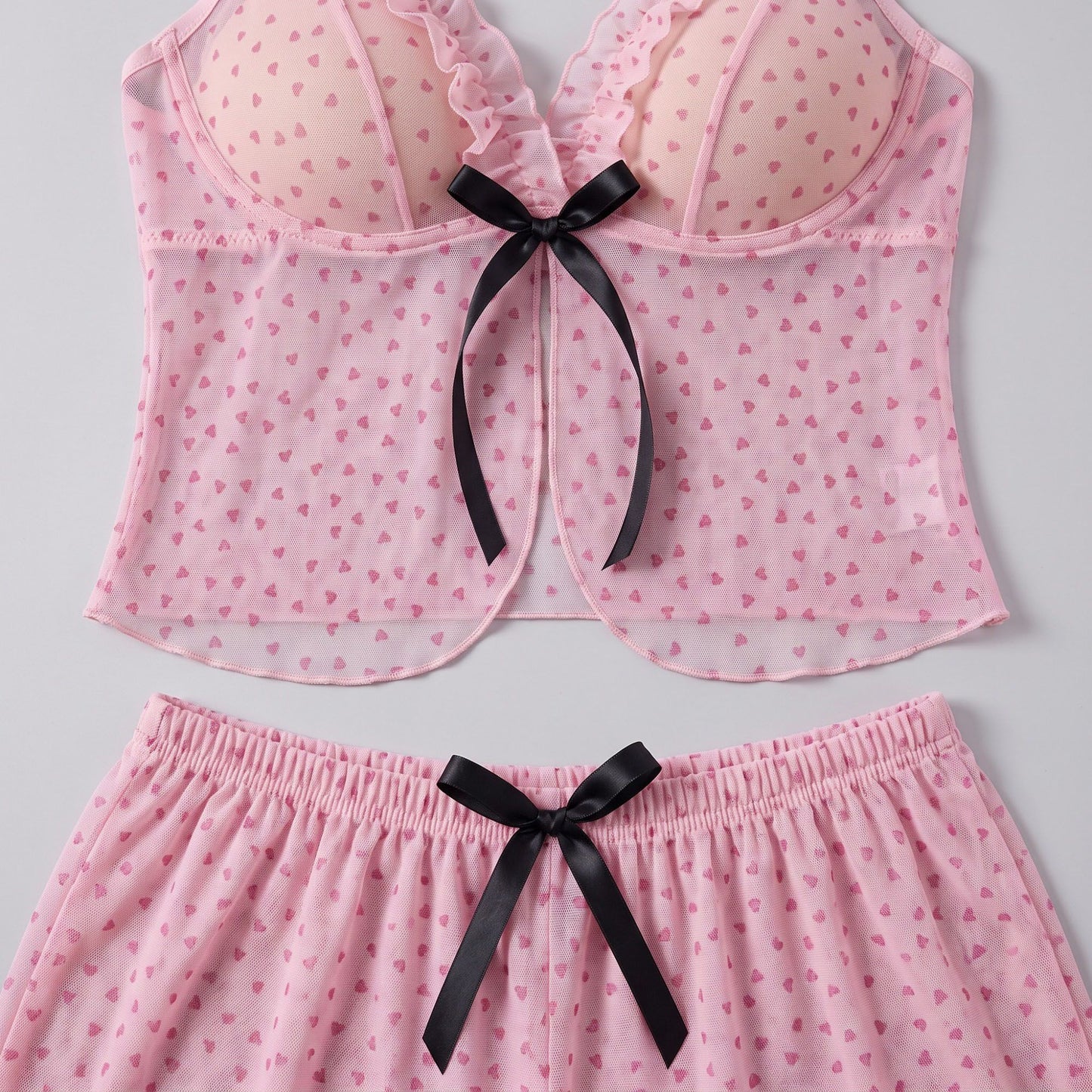 Heart Print Mesh Ruffle Cami and Shorts Lingerie Set