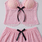 Heart Print Mesh Ruffle Cami and Shorts Lingerie Set