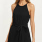 Sleeveless Halter Midi Dress with Pleated Skirt and Waist Tie