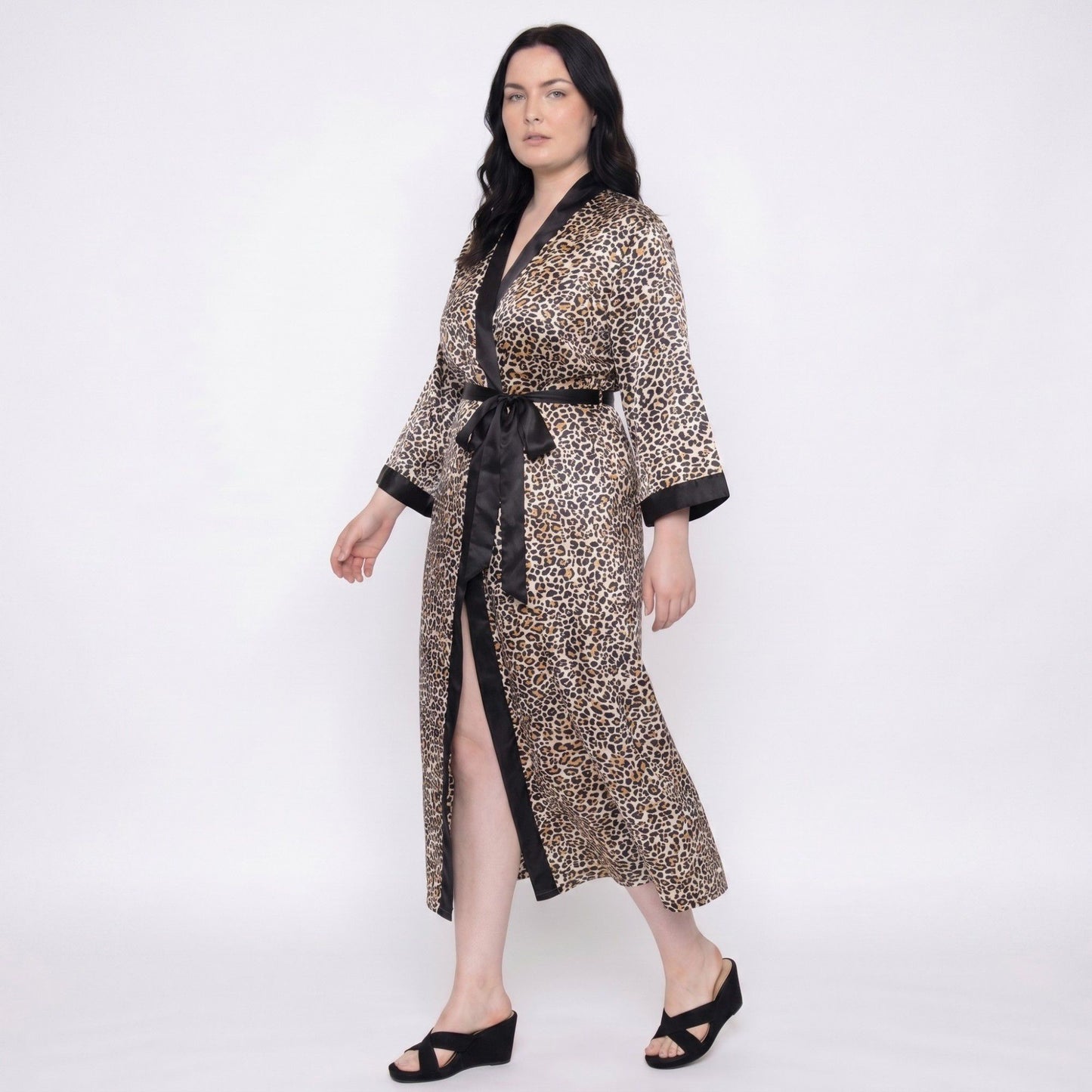 Plus Size Leopard Print Satin-Like Wrap Robe with Long Kimono Sleeves Contrast Trim and Self Tie Waist