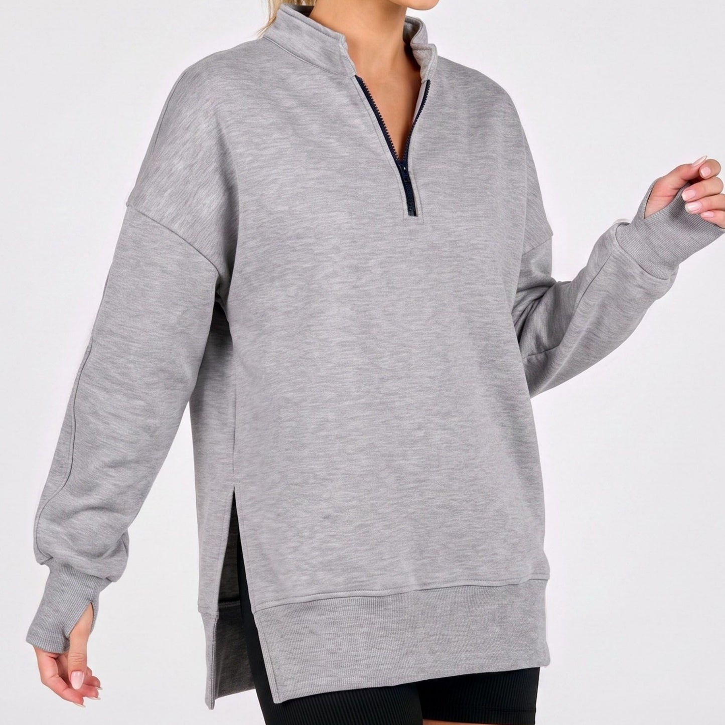 Quarter Zip Mock Neck Long Sleeve Tunic Sweatshirt with Side Slits