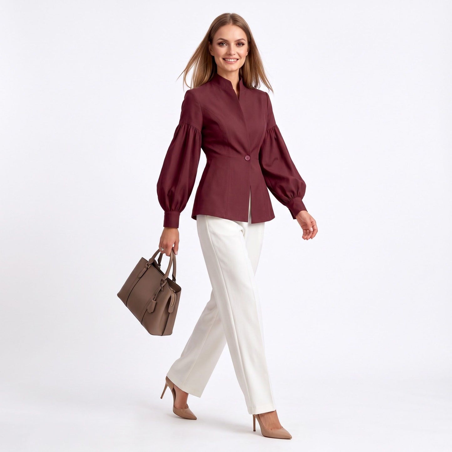 Puff Sleeve Peplum Blazer with Stand Collar and Button Front